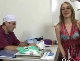 Gyno doctor slips a finger and speculum in her vulva